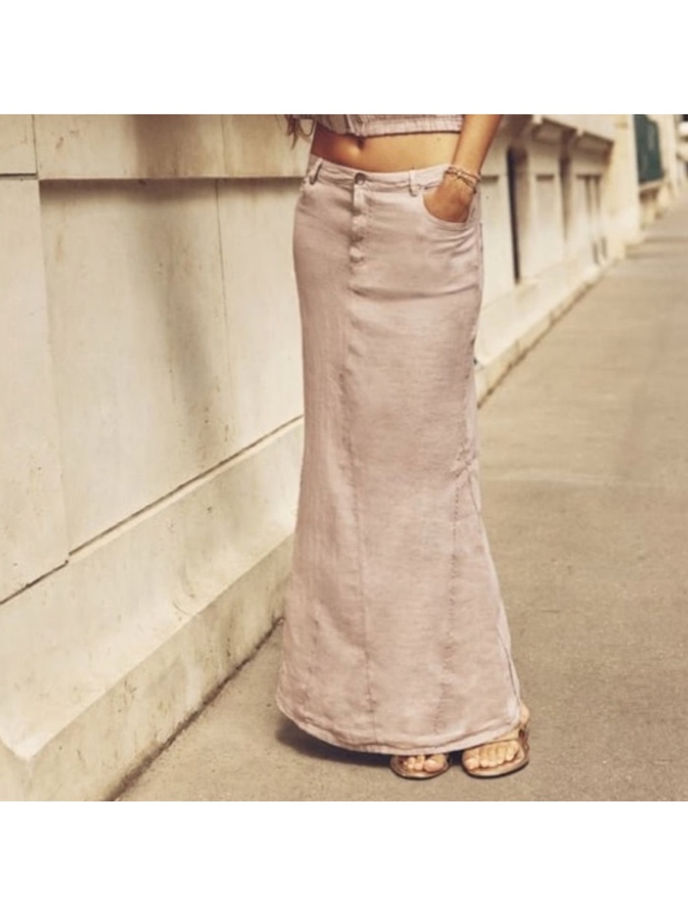 Zara Blush Pink Long Linen Maxi Skirt - Pale Mauve